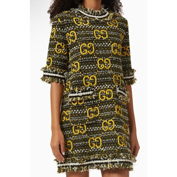 Gucci GG Tweed Mohair Fringe Short Mini Dress Monogram Logo Black Medium - Picture 1 of 14